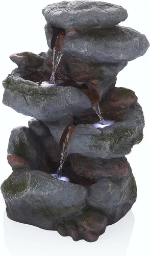 Alpine Corporation Fuente de cascada de roca de 3 niveles para exteriores de 22 pulgadas de alto con luces LED, aspecto de piedra natural para Gris