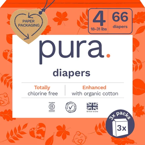 Pura Pañales Ecológicos Talla 4 (18-31 libras) TCF Hipoalergénicos, Algodón Orgánico Suave, Sostenible, hasta 12 Horas de Protección contra Fugas,