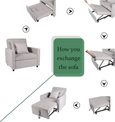 Miniatura 5 de Polar Aurora Silla de sofá cama convertible 3 en 1, tumbona, sillón reclinable individual para espacio pequeño con respaldo ajustable (gris claro)