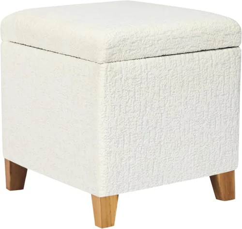 Adeco Otomán Cubo de Piel Sintética Blanca de 18 Pulgadas de Alto con Almacenamiento, Taburetes Reposapiés de Silla de Terciopelo en Relieve 3D,