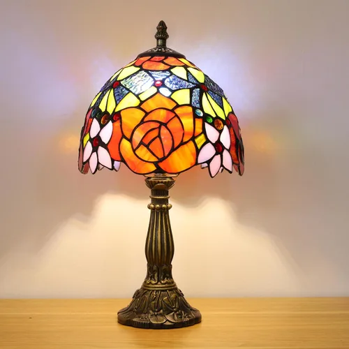 Miniatura 3 de Lámpara de Mesa Estilo Tiffany 3 Temperaturas de Color Lámparas de Vidrio Emplomado con Flores Rosas Lámpara de Mesa Pequeña Antigua para Mesita