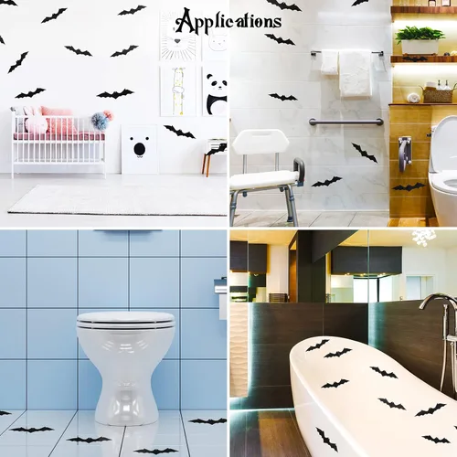 Miniatura 7 de Nuanchu 30 calcomanías antideslizantes de murciélago negro para bañera, calcomanías antideslizantes para peldaños de baño de terror, apliques