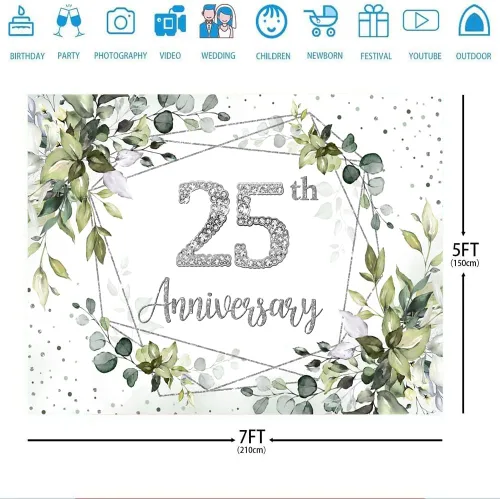 Miniatura 3 de Ticuenicoa Fondo de decoración de aniversario de boda, 7 x 5 pies, pancarta de decoración de 25 aniversario de vegetación, suministros para fiesta