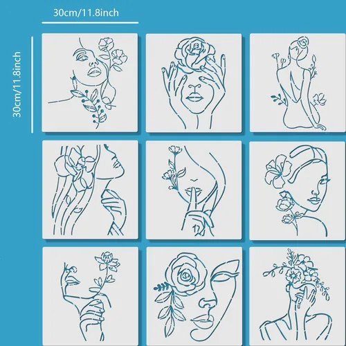 Miniatura 2 de ORIGACH 9 PCS 11.8x11.8 pulgadas Plantillas Abstractas Minimalistas Modernas de Mujeres, Patrón de Cara Femenina Floral Plantillas Grandes de PET