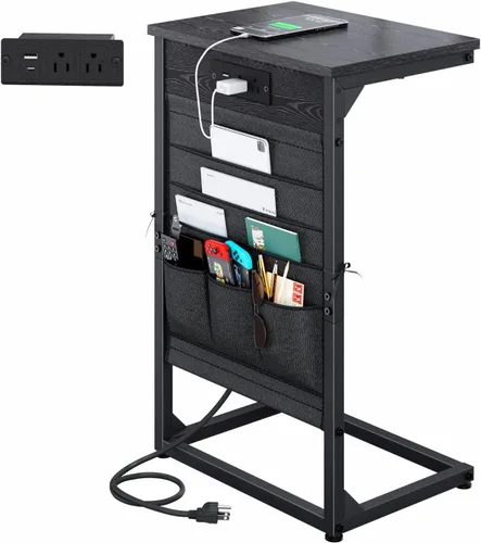 Miniatura 6 de Mesa auxiliar en forma de C con estación de carga rápida, mesa lateral pequeña para sofá con bolsa de almacenamiento, bandeja de TV para sofá