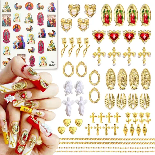 65 piezas de dijes de uñas de la Virgen María, cruz dorada, 3D, corazón, ángel, flor de rosa, aleación, diamantes de imitación, para arte de uñas