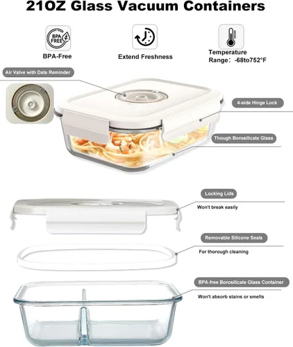 Miniatura 3 de WanshengLe - Sellador al vacío de mano con recipiente de vacío de vidrio y 5 bolsas de vacío reutilizables, máquina selladora al vacío compacta