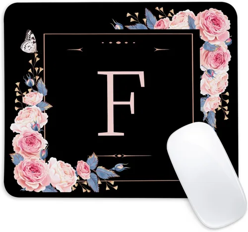 Miniatura 13 de Alfombrilla de ratón cuadrada con letra K y flores negras y rosas, alfombrilla de ratón con borde cosido y base de goma antideslizante, tapete