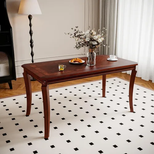 Miniatura 5 de PADMA HOUSE Mesa de comedor tradicional de madera maciza para 6, 59 pulgadas de largo, mesa rectangular de madera con patas curvas, escritorio