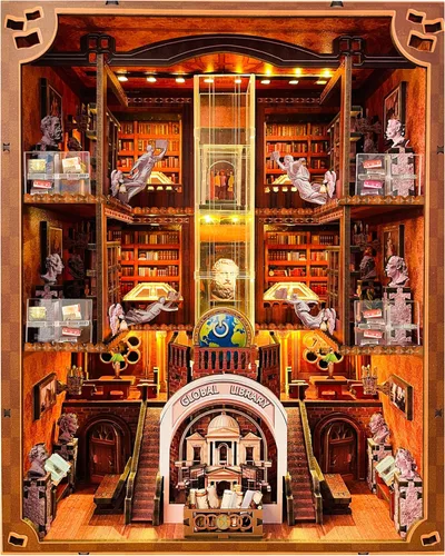 Miniatura 7 de Kit de rincón de libro de música para bricolaje, rompecabezas de madera 3D para adultos y adolescentes, estante de libro en miniatura con luz LED