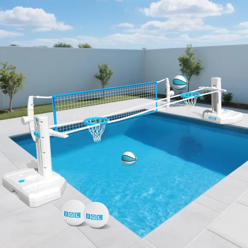 IGL Red de voleibol para piscina y aro de baloncesto 2 en 1, red de voleibol ajustable en altura para piscina, aro de baloncesto junto a la piscina