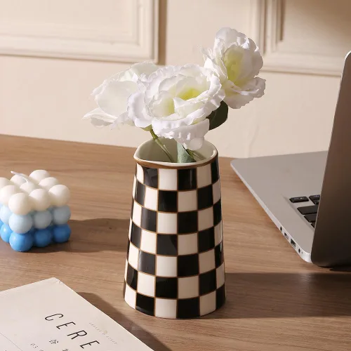 Miniatura 6 de Porlien Juego de 2 floreros de porcelana a cuadros para decoración del hogar, con botellas pequeñas de flores de interior de 5.5 pies de alto y 8