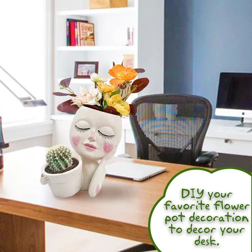 Miniatura 2 de Maceta con Rostro - Macetas Dobles para Plantas de Interior y Exterior, Resina, Cabeza de Planta con Agujero de Drenaje, Linda Cara de Dama, Macetas