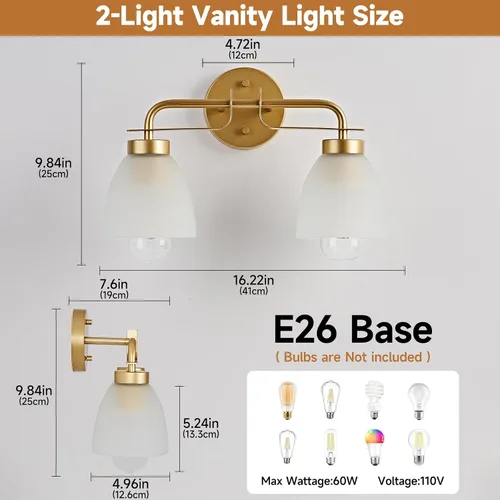 Miniatura 2 de Luces de tocador modernas de mediados de siglo de 16 pulgadas, lámpara dorada de 2 luces con pantallas de campana blancas esmeriladas, aplique