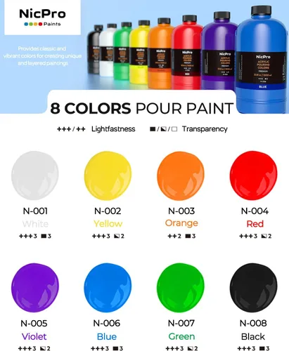 Miniatura 8 de Nicpro Juego de Pintura Acrílica para Vertido a Granel Grande de 8 Colores (33.8 oz, 1000 ml) Kit de Suministros de Pintura de Vertido Artístico