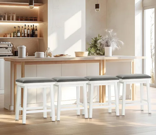 Miniatura 19 de Taburete de bar gris de madera maciza para encimera de cocina, taburete de bar con asiento de cuero sintético, taburete tapizado para isla de 34 a