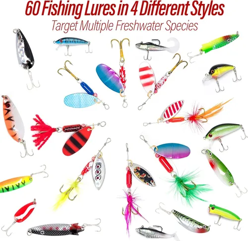 Miniatura 4 de Dr.Fish Bolsa de aparejos de pesca 5 cajas con 60 señuelos incluidos Juego de caja de aparejos cargada y equipada Set de señuelos giratorios Equipo
