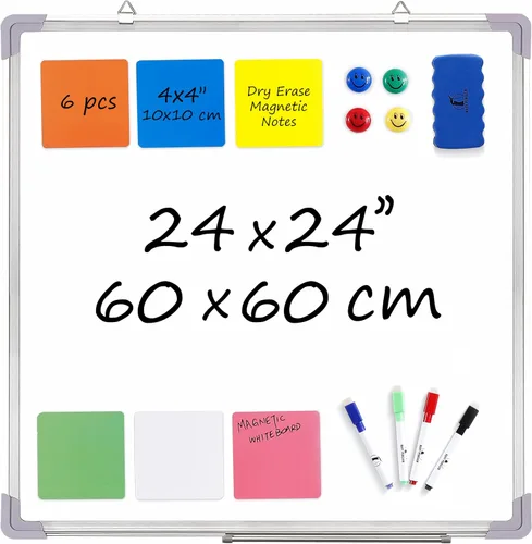 Juego de pizarras blancas – Pizarra de borrado en seco de 24 x 24 pulgadas con 1 borrador magnético, 4 marcadores de limpieza en seco, 4 imanes y 6