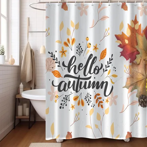 Miniatura 3 de Cortina de ducha de otoño, hola otoño, hojas de arce, flores amarillas, rústica, granja, Acción de Gracias, lavable a máquina, impermeable, tela