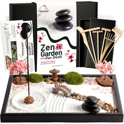Kit de jardín zen para escritorio, bandeja de arena de 12 x 8 pulgadas, juego de regalo japonés, 14 accesorios y 6 herramientas, mini jardín zen de