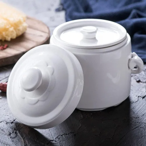 Miniatura 4 de Hemoton Olla de cerámica para estofado de 3.74 x 3.74 x 4.13 pulgadas, pequeña olla blanca con tapa para huevos al vapor, natillas de pájaros, nido