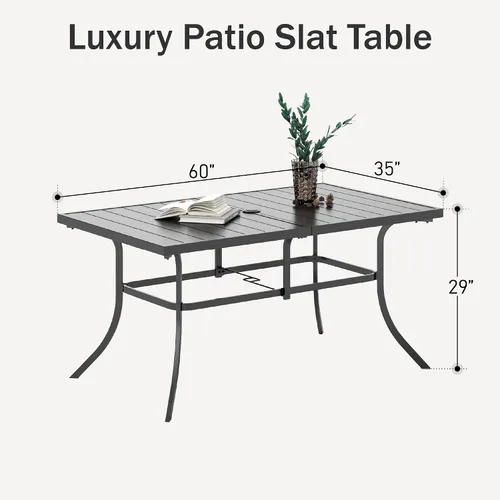 Miniatura 3 de PHI VILLA Mesa rectangular de comedor con listones de acero metálico para 6 personas con agujero ajustable para paraguas, resistente a la intemperie