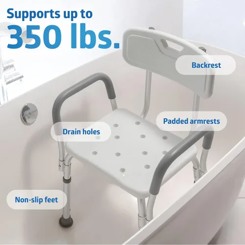 Miniatura 5 de Medline - Silla de ducha con asiento y reposabrazos acolchados y respaldo, taburete de ducha resistente para bañera, asiento de ducha antideslizante