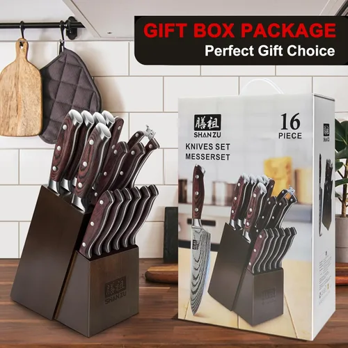 Miniatura 5 de SHAN ZU Juego de Cuchillos de 16 piezas, Cuchillo de Cocina Japonés con Bloque de Acero Inoxidable de Alto Carbono, Cuchillo Ultra Afilado