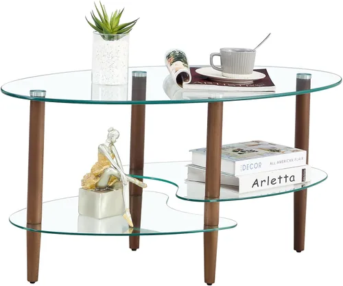 Mesa auxiliar ovalada de vidrio templado de 3 capas con patas de madera de roble de almacenamiento, mesa auxiliar moderna para sala de estar,