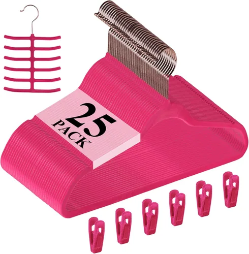 Miniatura 20 de VECELO Perchas de terciopelo de alta calidad resistentes (paquete de 60), antideslizantes y ahorran espacio con 8 clips para los dedos y soporte