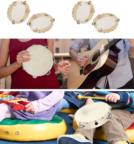 Miniatura 4 de 2 panderetas de madera de mano con cascabeles de cascabel, instrumento educativo musical para recuerdos de fiesta (6 pulgadas, 2 unidades)