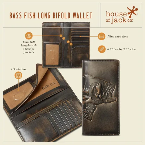 Miniatura 2 de HoJ Co. BASS FISH Cartera larga para hombre Cuero de grano completo con acabado pulido a mano Cartera larga plegable Cartera Rodeo Regalo