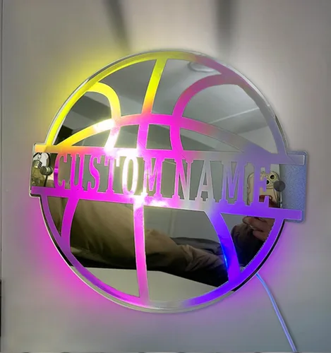 Letrero de neón personalizado con luz de espejo, letrero de pelota de baloncesto con nombre, luz nocturna de neón deportiva de baloncesto para
