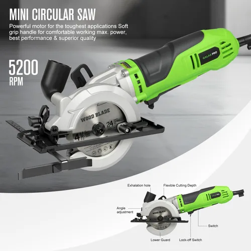 Miniatura 3 de GALAX PRO Mini sierra circular de 710 W, 3 hojas de sierra (4.528 in), sierra circular eléctrica de 5200 RPM, profundidad de corte de 1-2/3 pulgadas