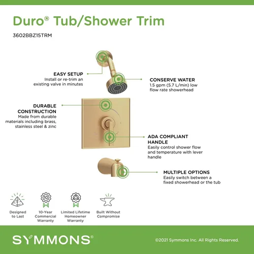 Miniatura 3 de Symmons 3602BBZ15TRM Duro molduras para bañera/ducha con mango de palanca, bronce cepillado