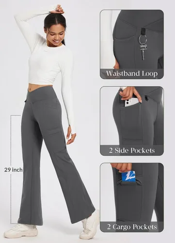 Miniatura 4 de BALEAF Pantalones forrados de vellón para mujer, para invierno, térmicos, resistentes al agua, estilo leggings, cruzados, acampanados, cálidos