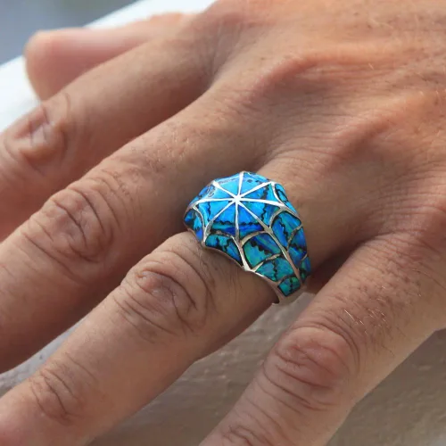 Miniatura 6 de Anillo de plata de ley 925 con ópalo azul para hombre, fabricado en Tailandia