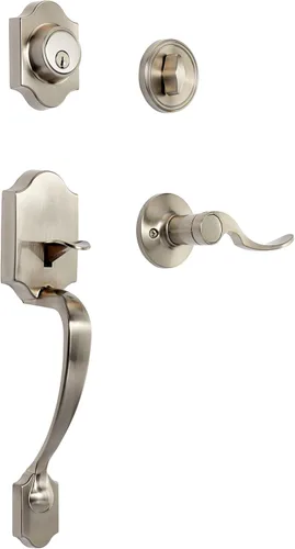 Amazon Basics Juego de cerradura de puerta delantera, manijas con palanca Shelby, manija de puerta de nivel, exterior, paquetes de cilindro único,