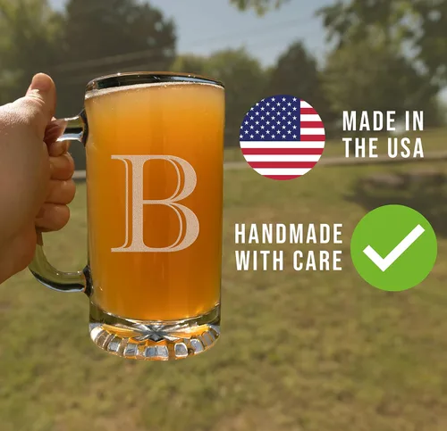 Miniatura 4 de Taza de cerveza de vidrio con monograma grabado de 16 onzas (letra B), regalos de cerveza personalizados de la A-Z para hombres, Día del Padre