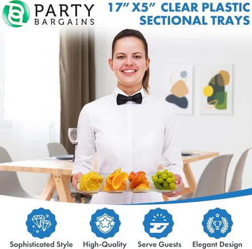 Miniatura 6 de Party Bargains Bandeja rectangular seccional desechable transparente (paquete de 8) de 5 x 16 pulgadas. Bandeja de plástico con 4 compartimentos