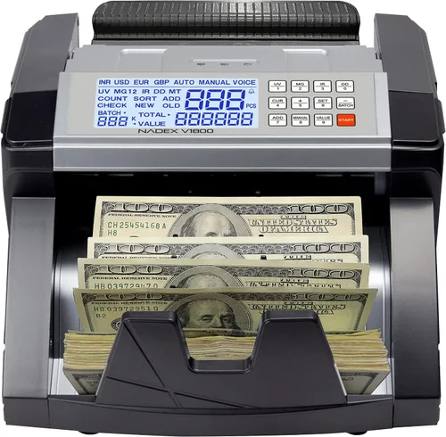 Nadex V1800 - Contador de dinero, pantalla TFT dual codificada por colores, conteo rápido y preciso de facturas de grado profesional con detección