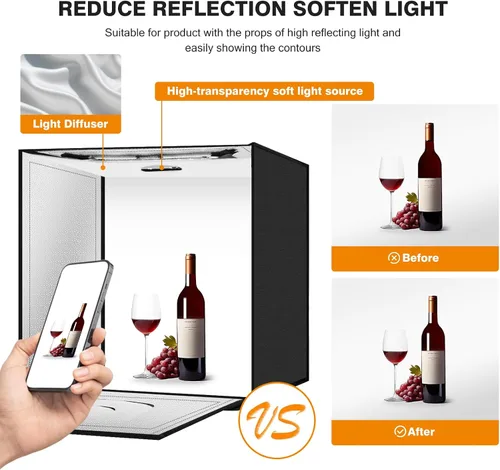 Miniatura 5 de Caja de luz para fotografía de 20"x20" con 160 luces LED y 6 fondos de color, caja de fotos con luces, caja de luz plegable con brillo ajustable