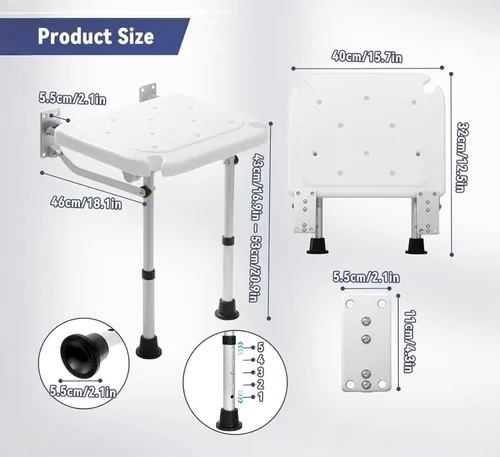 Miniatura 7 de Silla de pared plegable de altura ajustable de 5 velocidades (16.5-20.4 pulgadas) con una capacidad de peso de 400 libras, adecuada para baños