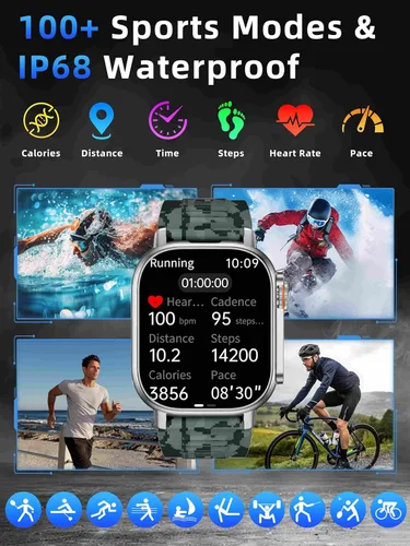 Miniatura 4 de KPEP Military Watches for Men (2 Straps), 2.01" Fitness Tracker Watch with LED Flashlight, 100 Days Battery, Compass, SpO2 Heart Rate Monitor, Sleep