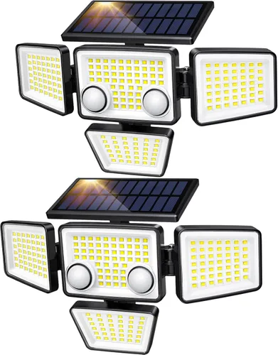 Miniatura 10 de LYWALT Luces solares para exteriores – 3000 lm, 188 luces LED con sensor de movimiento, 4 cabezales IP65, luces de inundación de seguridad