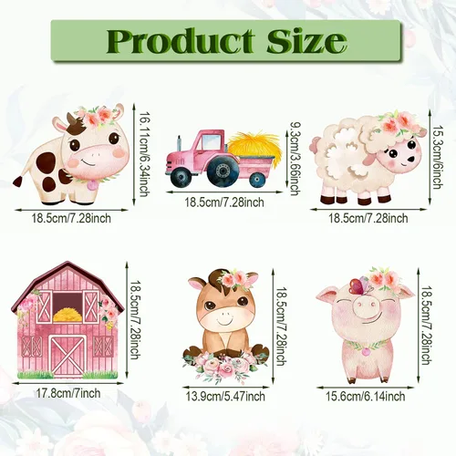 Miniatura 2 de Hotop 42 piezas de recortes florales de animales de granja, decoración de fiesta temática de granja rosa con 60 puntos de pegamento para niñas