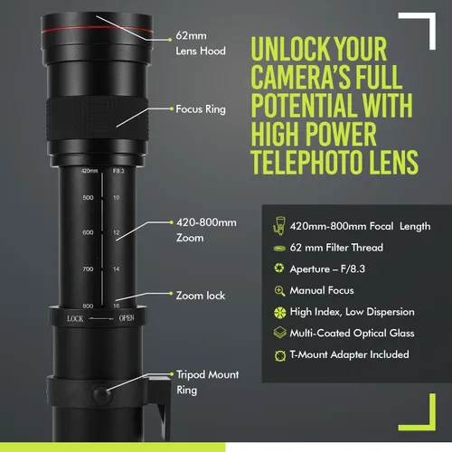 Miniatura 2 de BM Lente de Zoom Telefoto Manual HD de 420-800mm de Alta Potencia Compatible con Canon EOS 80D, EOS 90D, Rebel T3, T3i, T5, T5i, T6i, T6s, T7, T7I