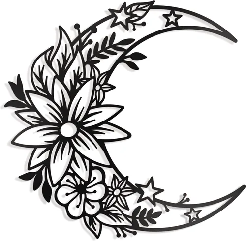 Vivegate Decoración de arte floral de metal de luna, 14 x 13.5 pulgadas, color negro, bohemio, grande, floral y fase estelar para pared de media