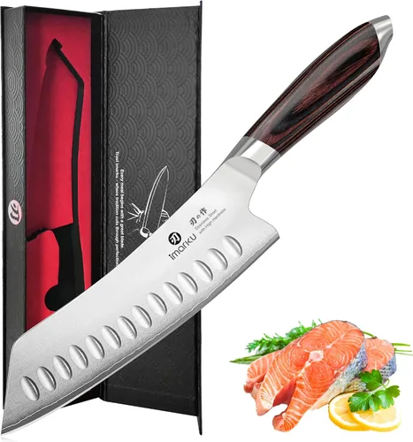 imarku Santoku - Cuchillo de chef japonés de acero inoxidable de alto carbono ultra afilado de 7 pulgadas, con borde hueco, mango ergonómico de