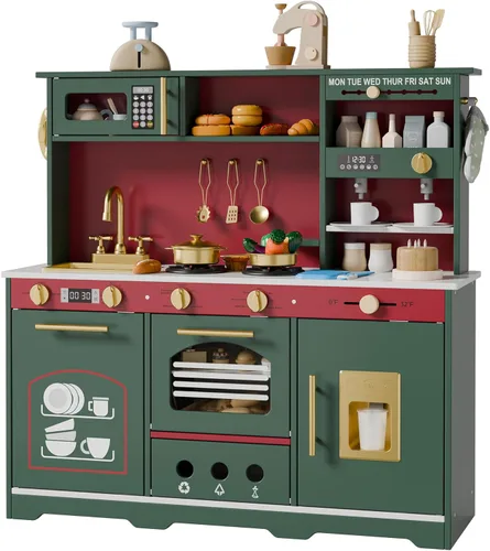 Miniatura 7 de Play Kitchen Set, Kids Kitchen Playset with 21 Fun Accessories, Toy Kitchen with Realistic Appliances, Smart Storage, Wooden Play Kitchen for Kids